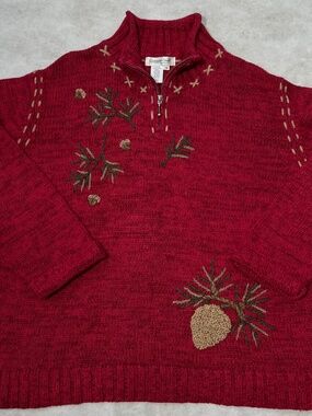 Coldwater Creek Pinecone Winter Embroidered Cardigan Grandma Red Sweater XL, 1X